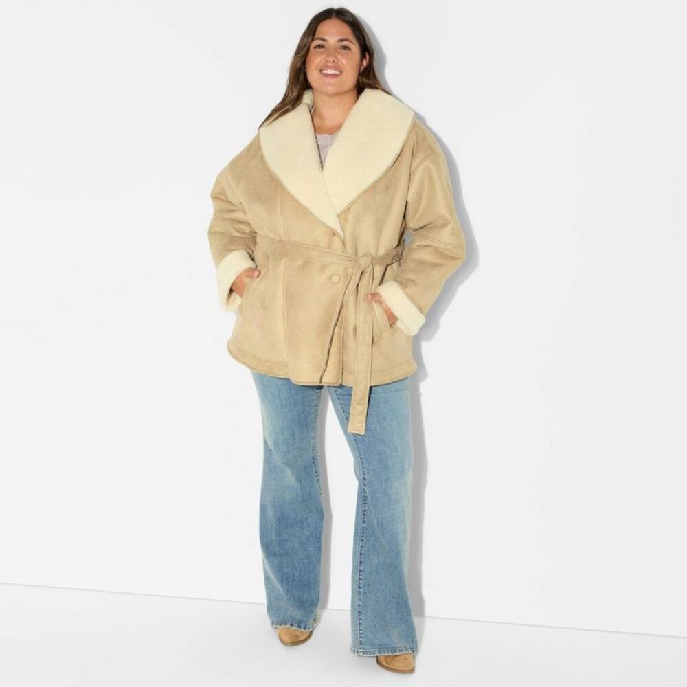Women's Shawl Collar Shearling Coat - Wild Fable Tan XXL